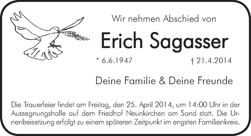  Traueranzeige für Erich Sagasser vom 24.04.2014 aus Pegnitz-Zeitung